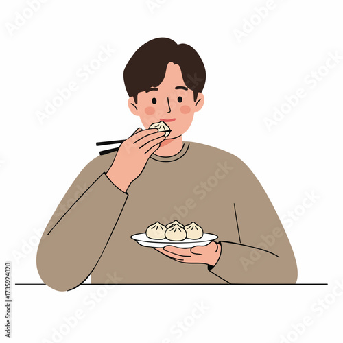 Simple Flat Illustration of Young Man Eating Dumplings with Chopsticks