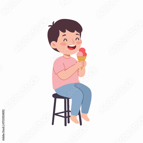 Cartoon Little Boy Eating Ice Cream Cone Sitting on Stool Illustration