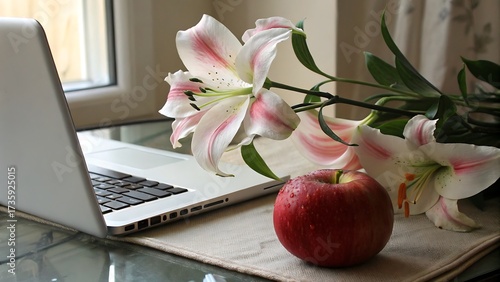 Red Apple White Pink Lilies Silver Laptop Glass Table Still Life fruit white lilies