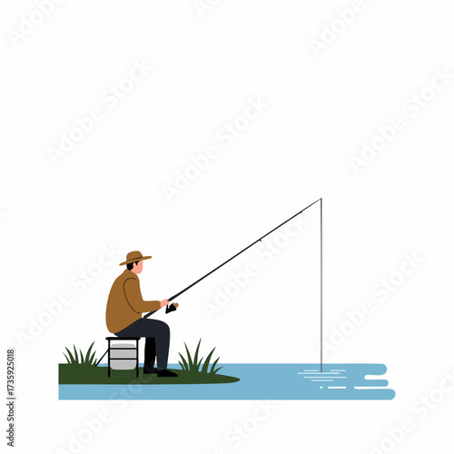 Flat Illustration of Relaxed Man Fishing on River Bank in Nature