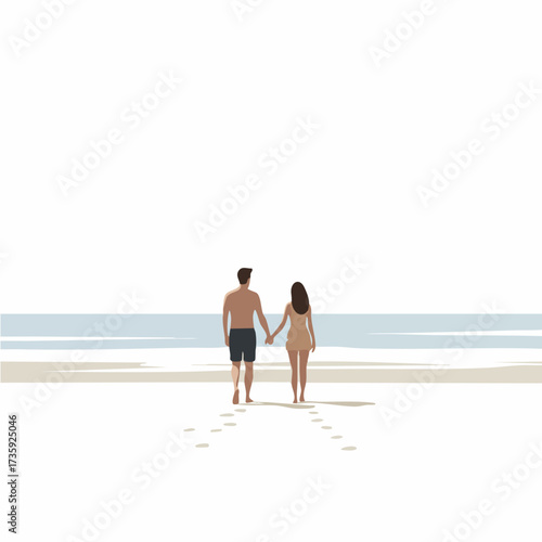 Minimalist Flat Couple Walking Together on Beach Vacation Illustration