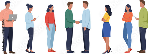 Business people illustration, diverse professionals with laptops, tablets, and handshake, teamwork, workplace communication, modern corporate lifestyle vector design