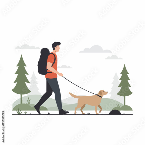 Flat Style Detailed Illustration Man Walking with Dog in Nature Landscape