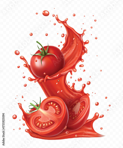 realistic 3d red tomato juice or ketchup sauce splashes in different style isolated on transparent background