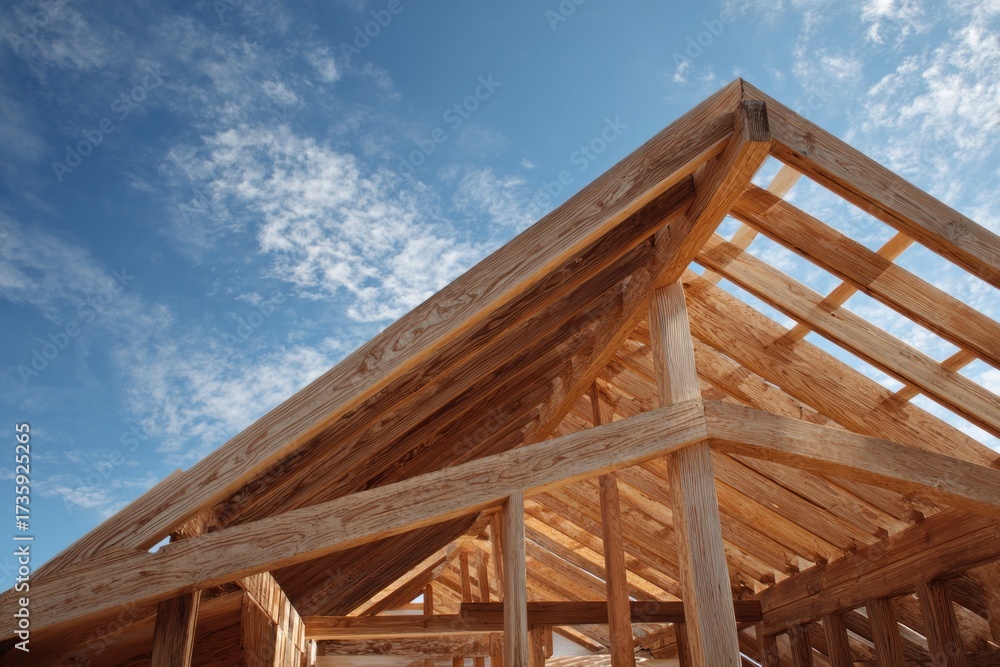 Obraz premium New Home Construction Wooden Roof Framing Against Blue Sky with Clouds.