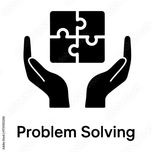 Customer assessment icon  Two hands holding a square puzzle with four pieces symbolizing problem solving