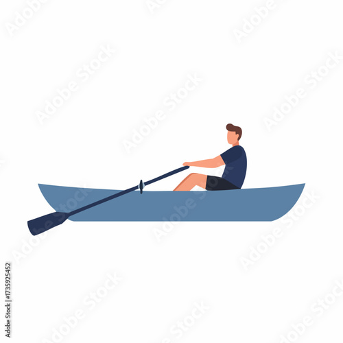Flat Illustration of a Man Rowing a Small Boat on Water