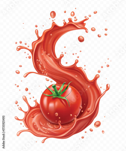 realistic 3d red tomato juice or ketchup sauce splashes in different style isolated on transparent background