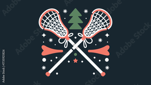 Two crossed lacrosse sticks with a christmas tree and snowflakes on a dark background illustration