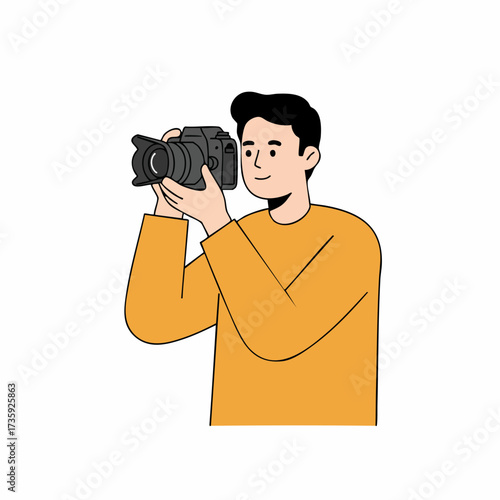 Minimalist Line Art Man Holding Camera Taking a Picture Illustration