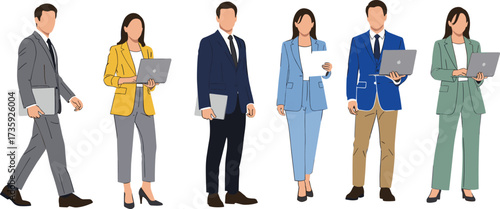 Business professionals illustration, diverse people in office attire with laptops and documents, teamwork, corporate lifestyle, modern workplace vector design