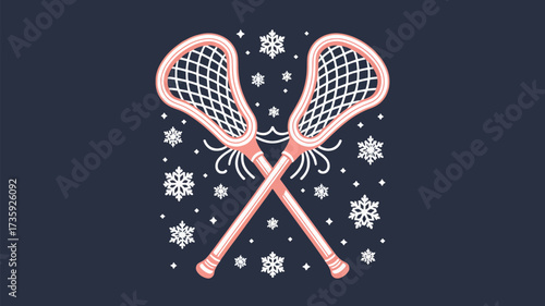 Crossed lacrosse sticks with pink accents surrounded by white snowflakes on a dark blue background