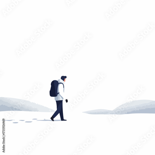 Minimalist Solitary Figure Walking in Winter Landscape Digital Illustration
