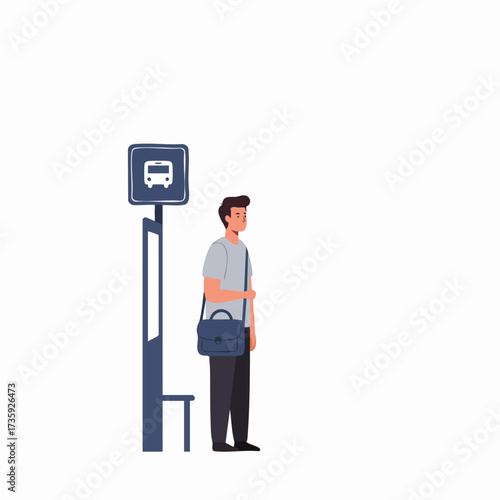 Flat Illustration of a Man Waiting Patiently at Bus Stop Scene