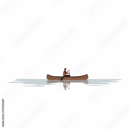 Minimalist Flat Illustration of Man Paddling Canoe on Lake
