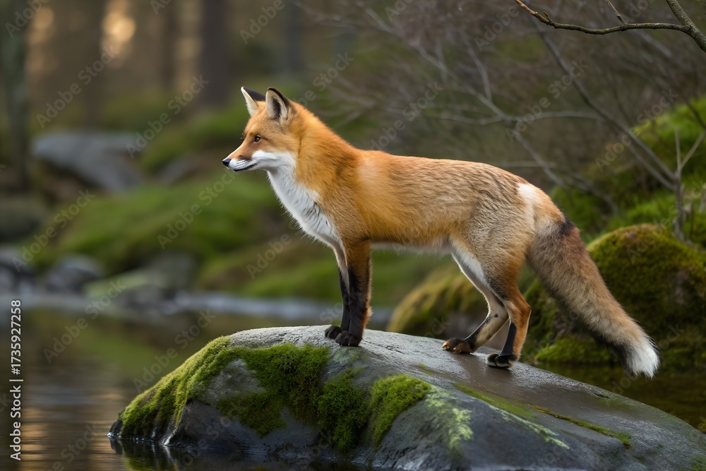 Fototapeta premium A magnificent wild red fox stands alert on a mossy rock at the water's edge in a serene forest wilderness