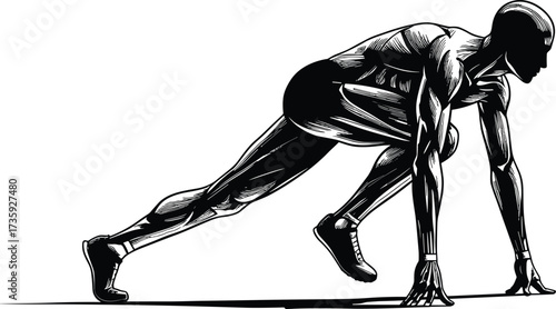 Illustration of Male Sprinter in Starting Position, Athletic Runner Silhouette, Muscular Athlete Ready to Sprint, Black and White Fitness Art, Sports Concept Design