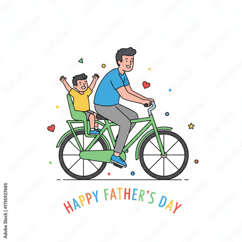 Fototapeta premium A happy father riding a bicycle with his cheerful child, celebrating Father’s Day with joy and love.