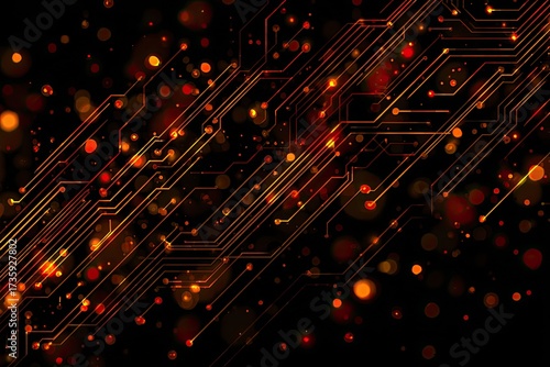Abstract representation of circuit board, with glowing orange lines on a black background
