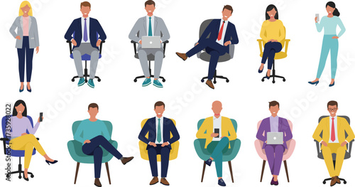 Diverse professionals seated in chairs, business and casual attire, office workers illustration, workplace diversity, modern furniture design, teamwork, digital devices