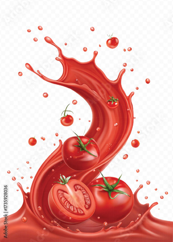 realistic 3d red tomato juice or ketchup sauce splashes in different style isolated on transparent background