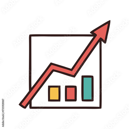 Drawn bar chart with upward trending arrow and line graph