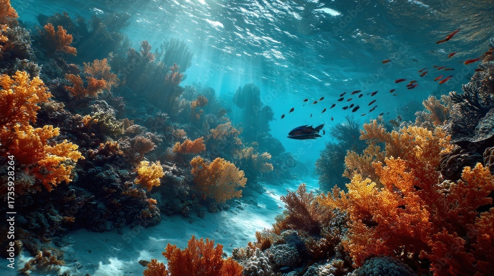 Fototapeta premium Captivating Underwater Coral Reef Scene with Sunlight Rays and Swimming Fish