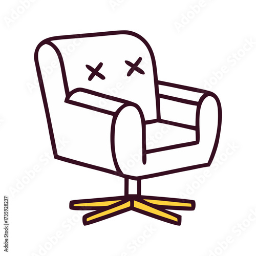 Cartoon armchair with x eyes and a swivel base