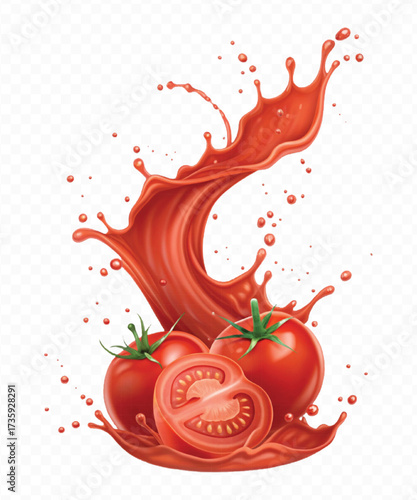 realistic 3d red tomato juice or ketchup sauce splashes in different style isolated on transparent background