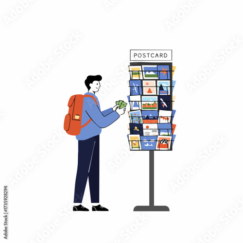 Flat Illustration Man Buying Postcards from a Display Rack at Tourism Place