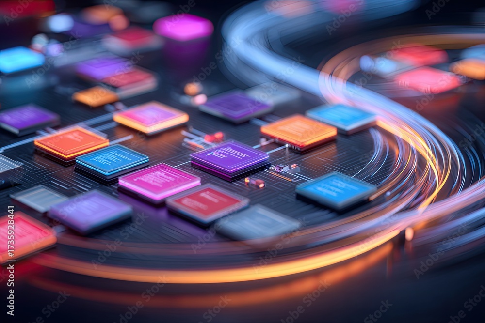 Obraz premium Abstract digital artwork of colorful microchips connected by illuminated flowing lines