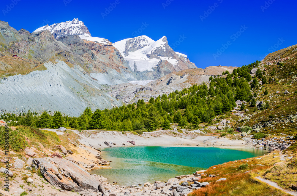 Obraz premium Zermatt, Switzerland. Grunsee alpine lake near in Valais Canton, Swiss Alps