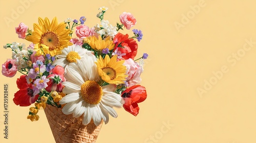  An ice cream cone topped with a flower bouquet against a pastel yellow backdrop