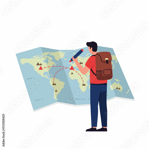 Colorful Flat Illustration Backpacker Planning Trip on World Map Journey