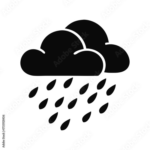 Simple icon of a dark cloud raining water drops