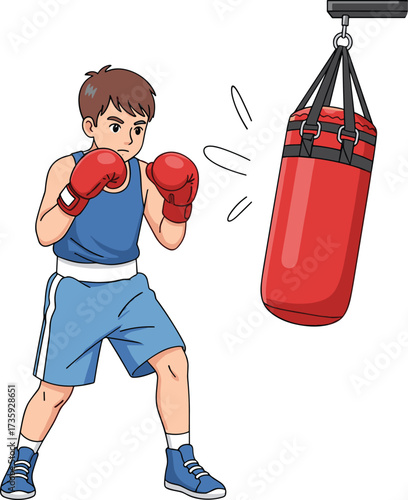 Young boxer training with punching bag in gym, cartoon vector for fitness, sports education, discipline, and physical activity promotion