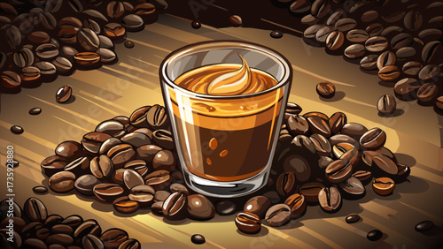very beautiful A close up of a perfectly brewed espresso shot with rich crema in a small glass surrounded by scattered roasted coffee beans on a dark surface