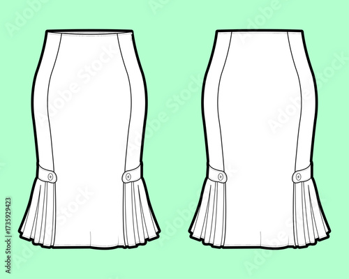 Fluted Hem Skirt Design Technical Flat Sketch with Front and Back.