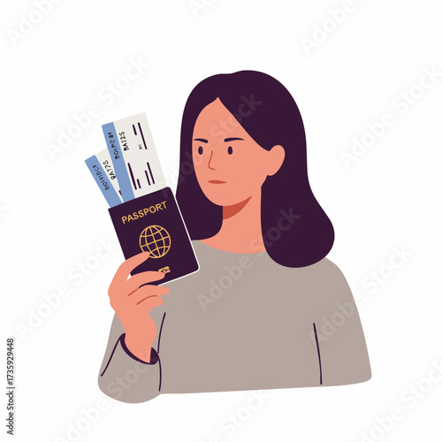 Flat Illustration Young Woman Holding Passport and Airline Tickets, Travel Concept