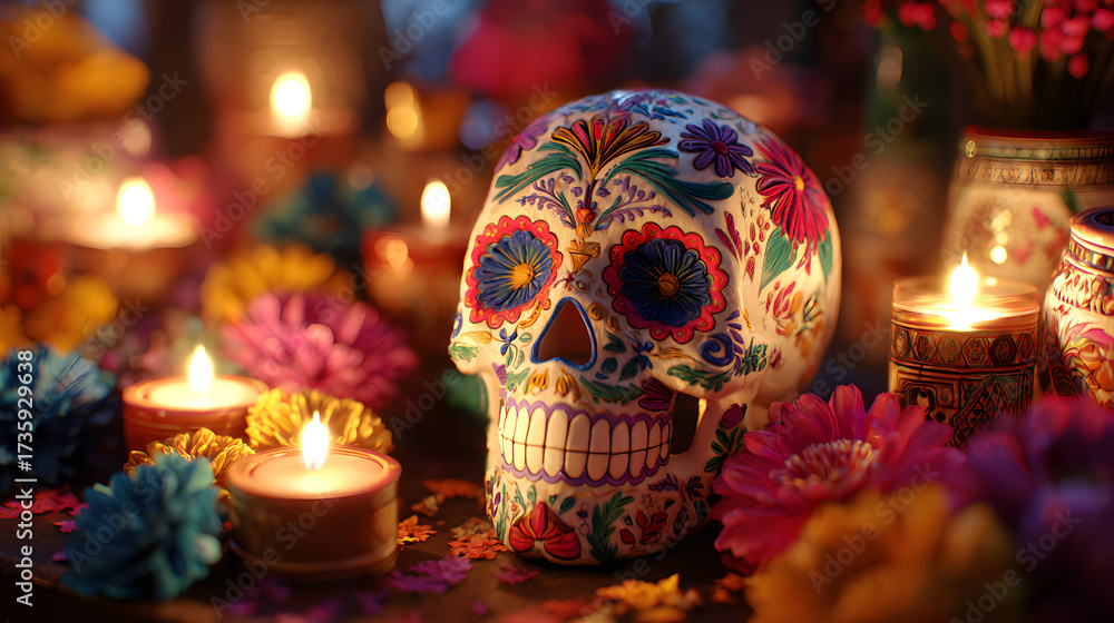 Fototapeta premium Sacred Sugar Skulls – Día de los Muertos Candlelight