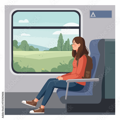 Flat Illustration Woman Sitting by the Train Window on Journey