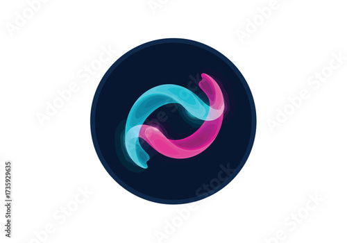 Abstract circular icon featuring two intertwined, glowing, translucent shapes in vibrant cyan and magenta on a dark background.