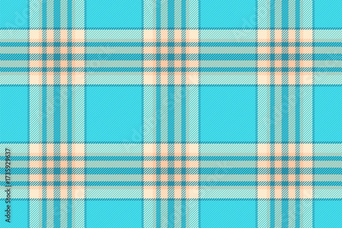 Top fabric pattern check, couch tartan texture seamless. Sky plaid vector background textile in cyan and orange colors.