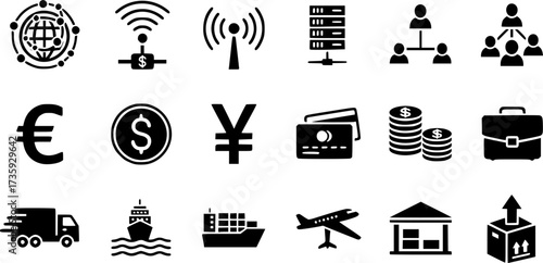 Global icons set for networking, finance, and logistics in solid style