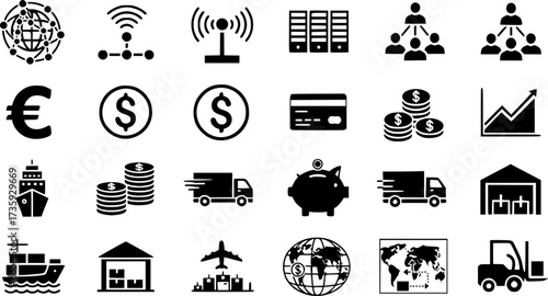 Global icons set for networking, finance, and logistics in solid style