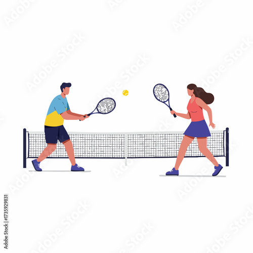 Flat Illustration Couple Playing Recreational Tennis Match with Net and Ball Outdoor