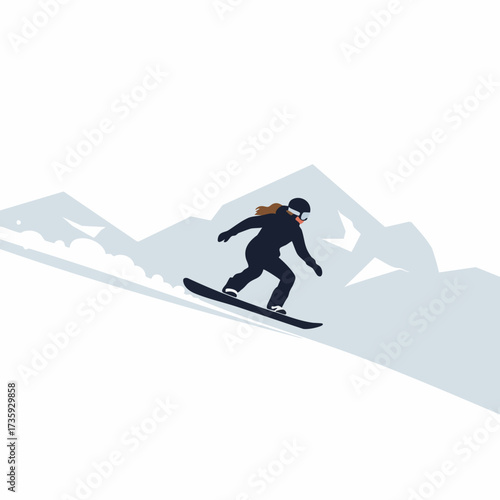Minimalist Silhouette Woman Snowboarding Downhill with Mountain Landscape Illustration