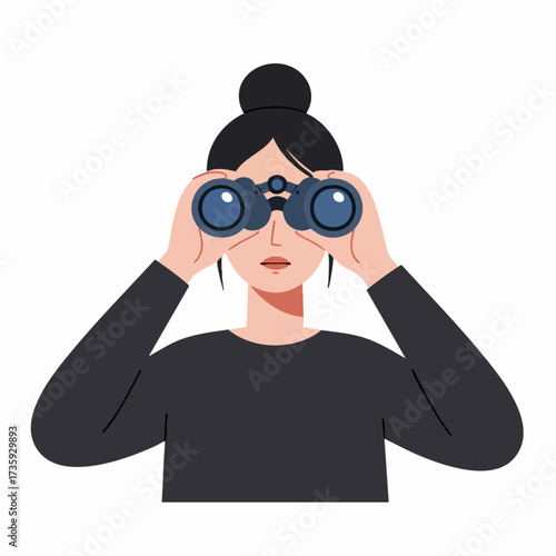 Flat Illustration of Young Woman Using Binoculars for Exploration Design