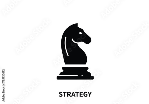 A minimalist black icon of a chess knight piece, symbolizing the concept of strategy on a white background.