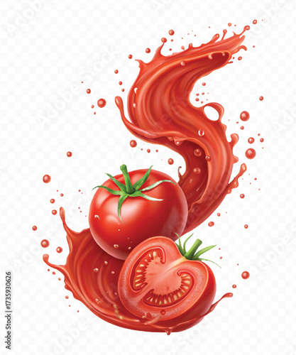 realistic 3d red tomato juice or ketchup sauce splashes in different style isolated on transparent background